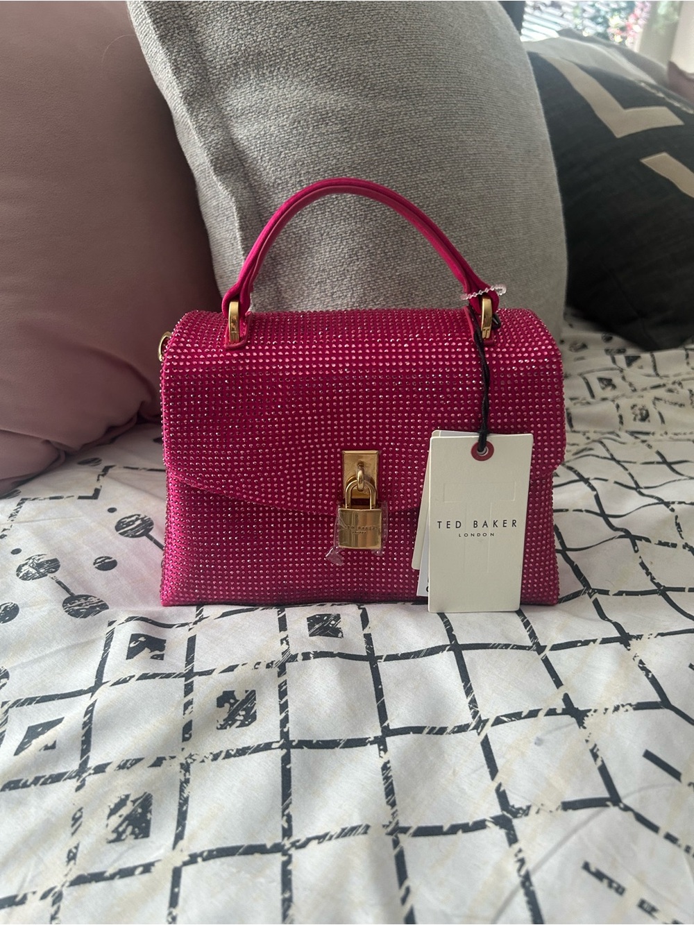 Ted Baker Hot Pink Crystal Top Handle Mini Bag with Gold Lock